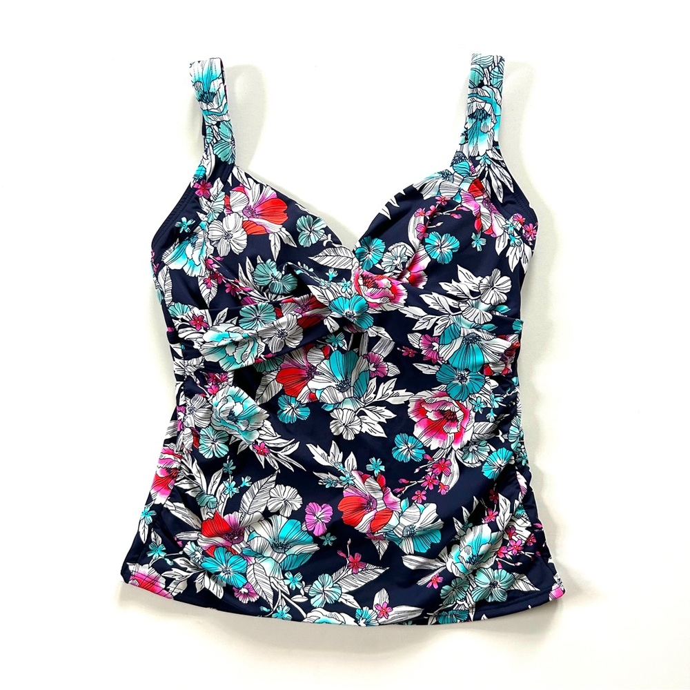 Lands’ End Navy Blue Floral Print Twist Wrap Front D Cup Tankini Top Swimsuit